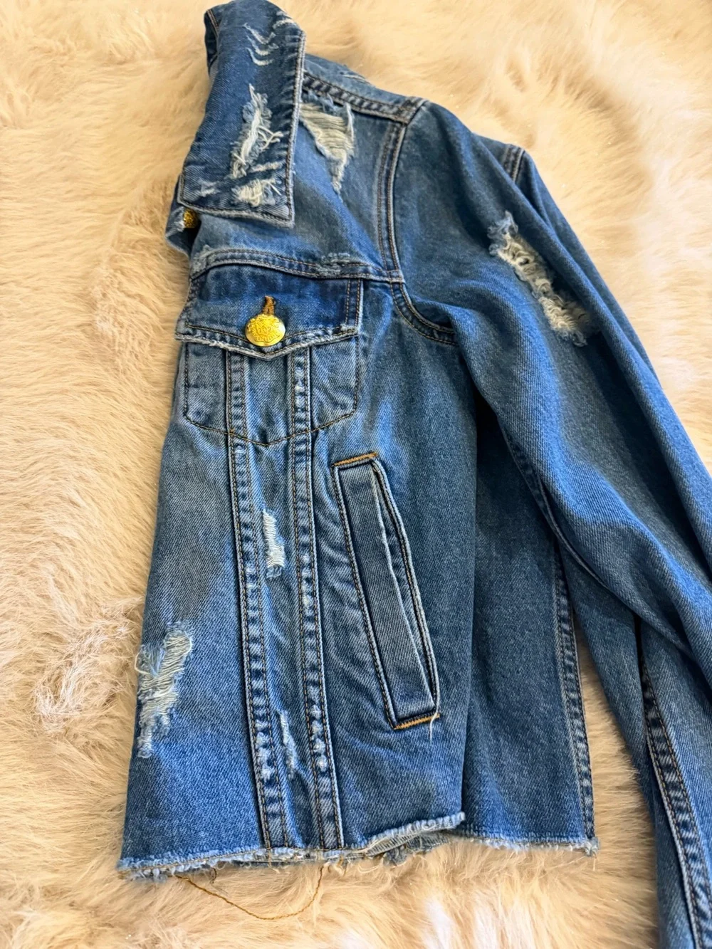 Veronica Beard Distressed Blue Cropped Denim Jacket with Gold Buttons & Chain